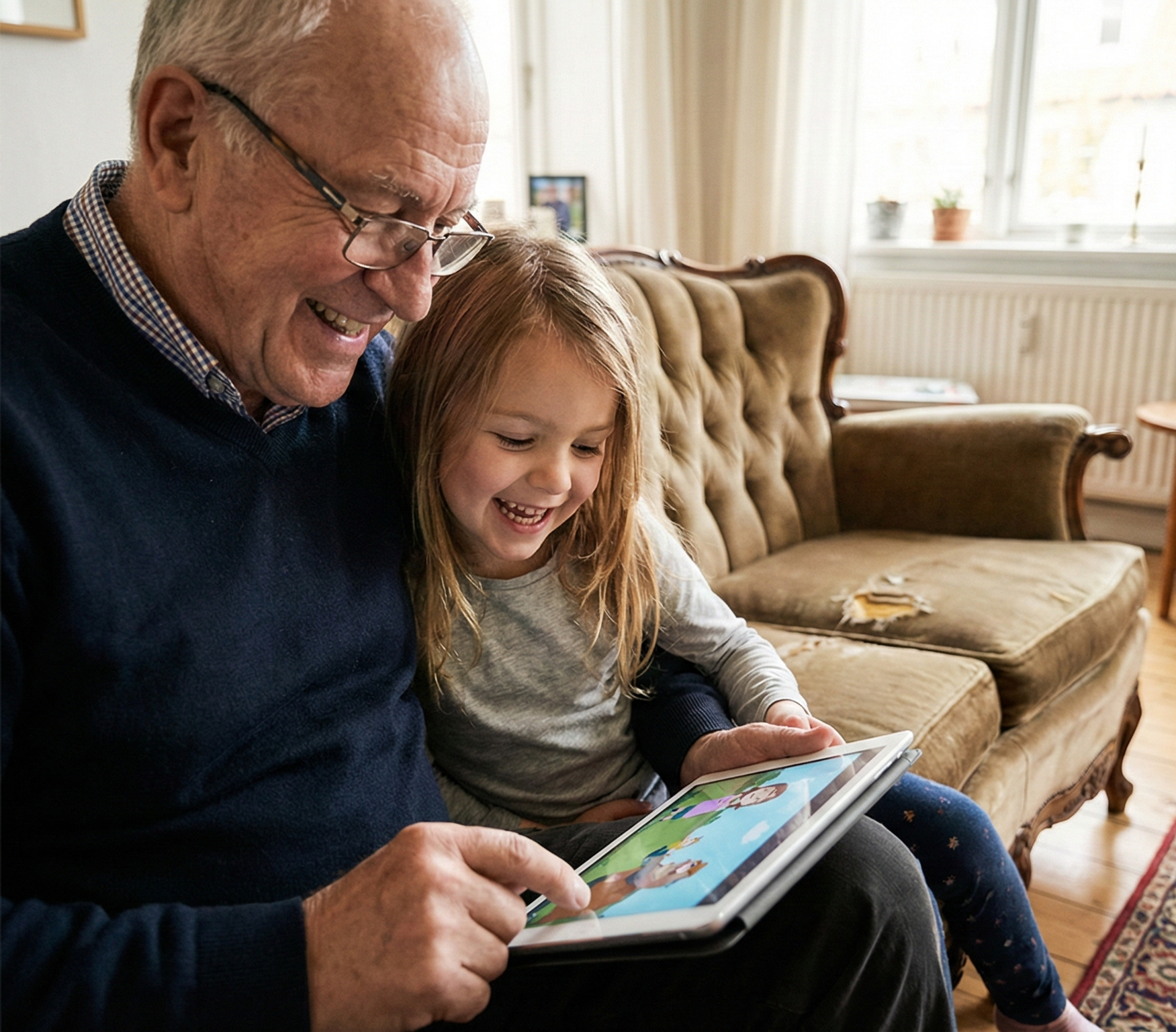 Un homme âgé et une jeune fille regardant une tablette ensemble, souriant dans un salon cosy avec un sofa en velours beige. La fille semble amusée par ce qu'elle voit à l'écran.