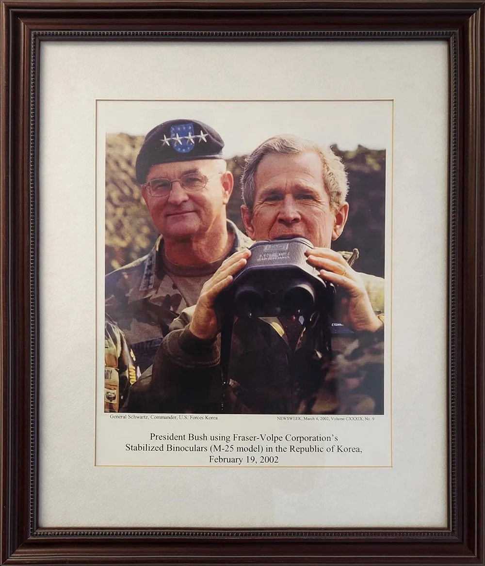 President Bush using Fraser-Volpe Corporation's Stablized Binoculars (M-25 model) in the Republic of Korea, February 19, 2002 - Fraser Options is now Gyro Binos