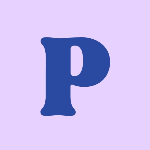 A large blue letter P on a light purple background.