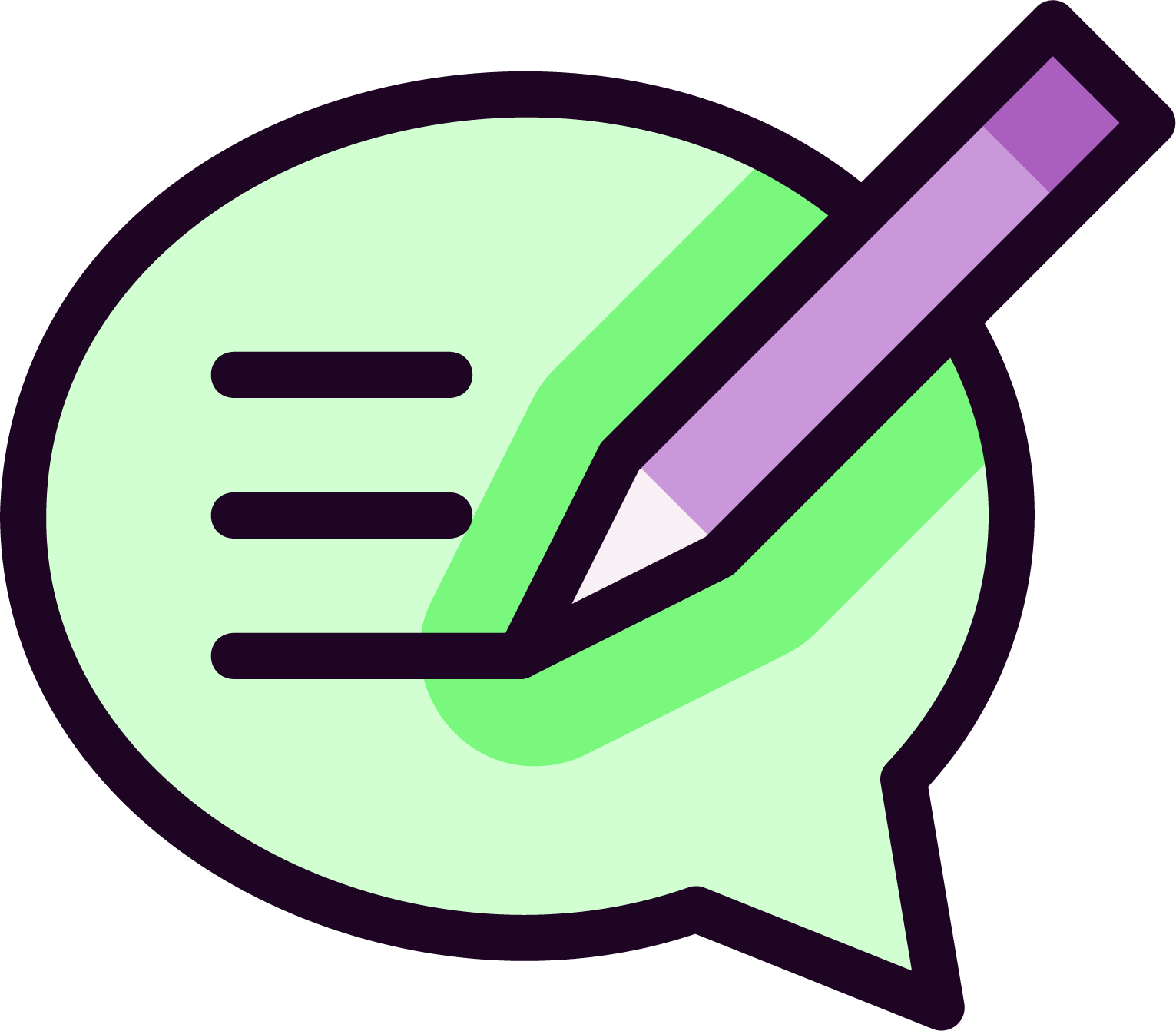 Graphic icon of a speech bubble with a checklist and a purple pencil, representing editing or writing messages.