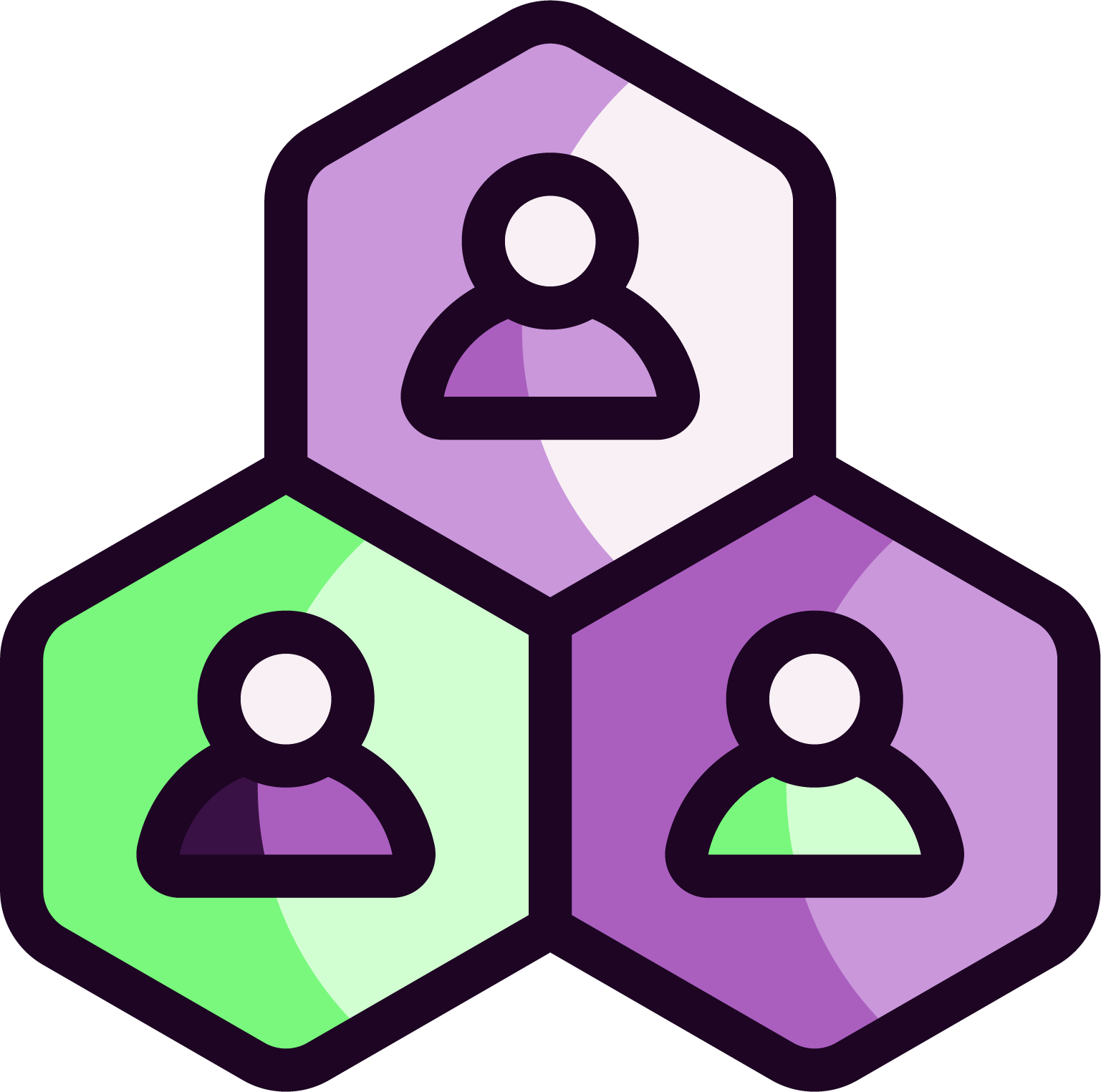Three interconnected hexagons, each containing an outline of a person's silhouette, with two hexagons in purple and one in green, representing a network of people.