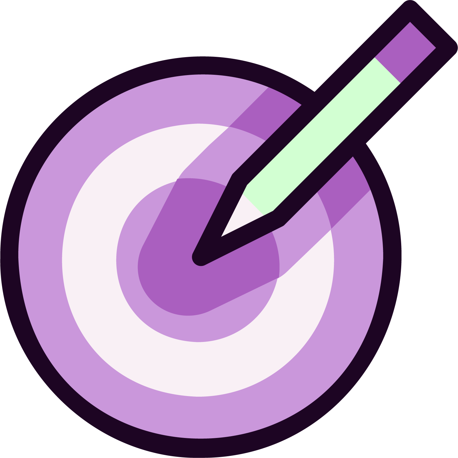 A stylized target with concentric purple and white circles and a green pencil hitting the center.