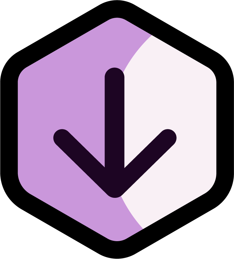 A black hexagon with a stylized downward arrow in the center, split into lavender and white sections.