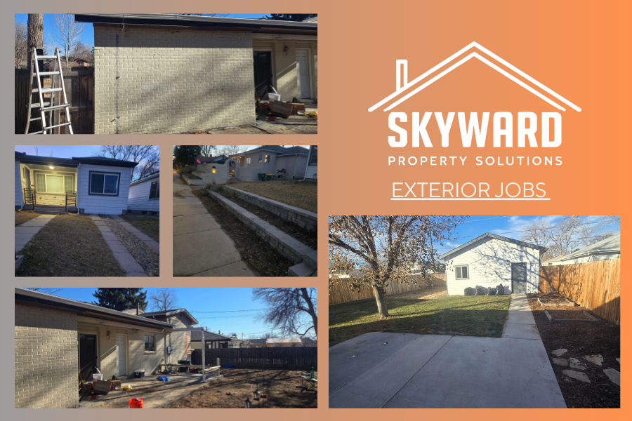 Collage of photos showing various exterior home renovation projects, including yard work, painting, and construction, with a Skyward Property Solutions logo and the text "Exterior Jobs."