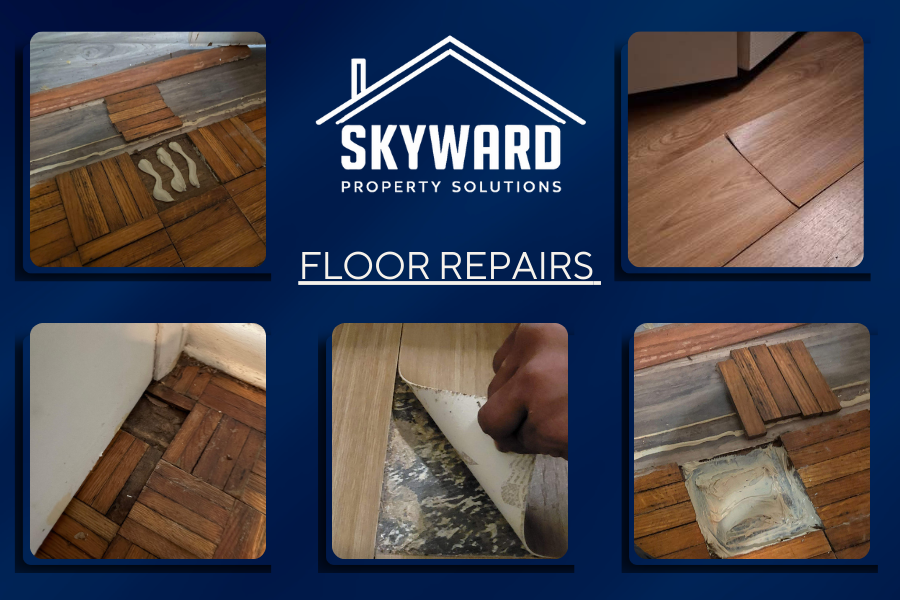 Collage of six images showing various wood floor repair and renovation projects, including fixing damaged sections, installing new flooring, and applying sealants, with Skyward Property Solutions logo and "FLOOR REPAIRS" text in the center.