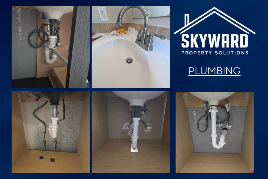 Collage of plumbing installations behind sinks, including pipes and drain connections, with a Skyward Property Solutions logo and the word 'Plumbing'.