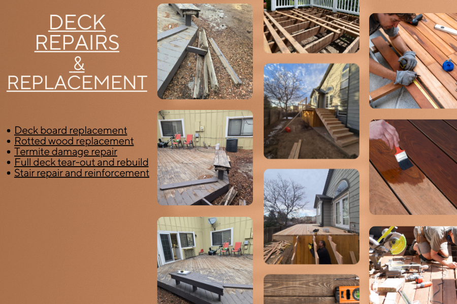 Collage of images showing deck repair and replacement process, including damaged deck posts, construction of new deck framing, wood staining, and workers using tools for installation and repair.