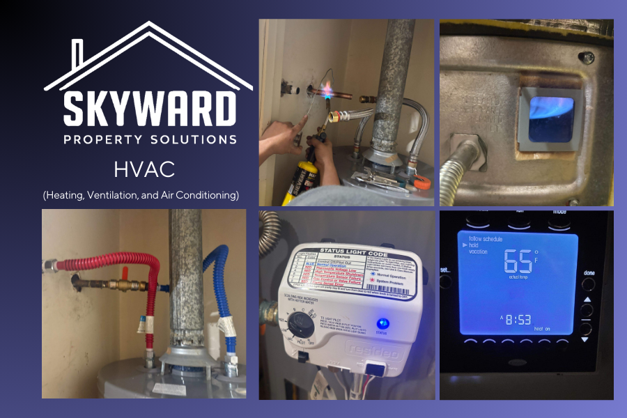 A collage of five images related to HVAC maintenance by Skyward Property Solutions, showcasing a technician soldering pipes, close-ups of HVAC components, and a thermostat display reading 65°F at 8:53 AM.