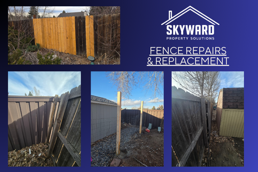 Collage showing various fence repair and replacement projects, including new wooden fences, leaning fences, and fence posts, with Skyward Property Solutions branding.