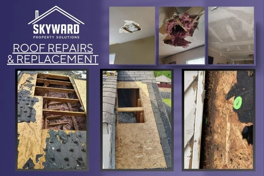 A collage advertising roof repairs and replacement services by Skyward Property Solutions, including damaged ceiling and roof images, and under-construction roof sections.