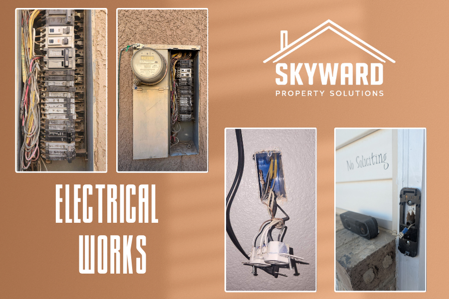 Collection of electrical components and wiring, including a breaker panel, meter box, wiring connections, and door lock, on a property with a Skyward Property Solutions logo.
