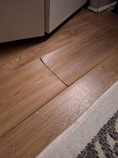 A section of hardwood floor with a broken floorboard near a carpeted rug.