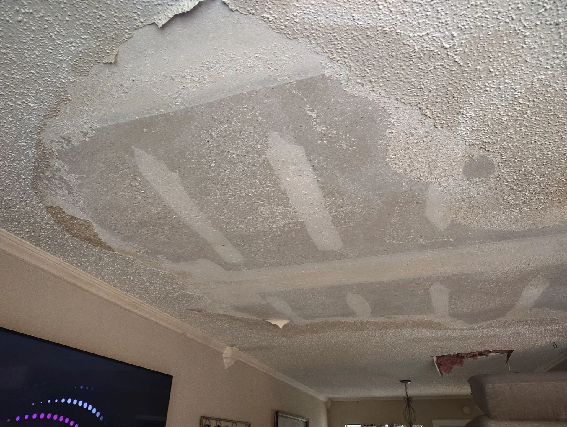 Ceiling with peeling paint and water damaged drywall, exposing pink insulation.