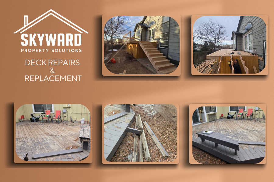 A collage of images showing deck repair and replacement work for Skyward Property Solutions. Top row: before photos of a house with a damaged deck, with a new wooden deck in progress. Bottom row: after photos of the completed deck, with some construction materials and tools visible.