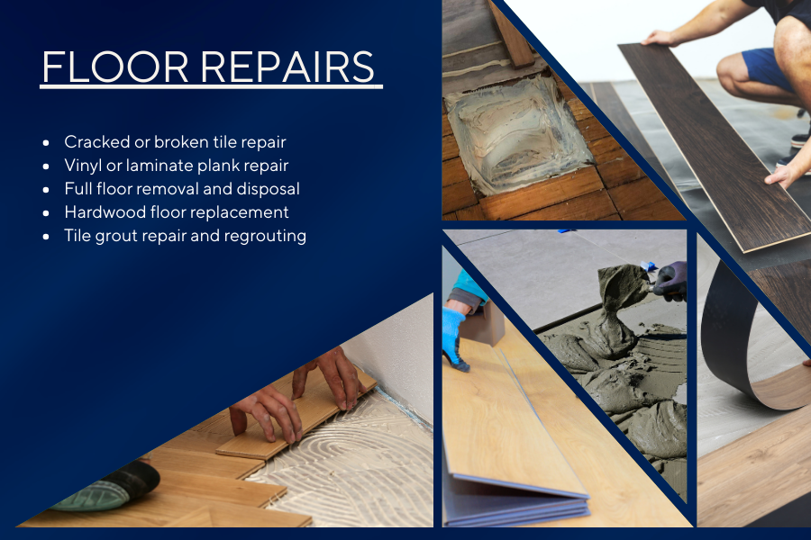 A promotional image for floor repair services featuring photos of tile and wood flooring repair, including tile removal, laminate plank installation, and floor leveling, with a list of services on a blue background.