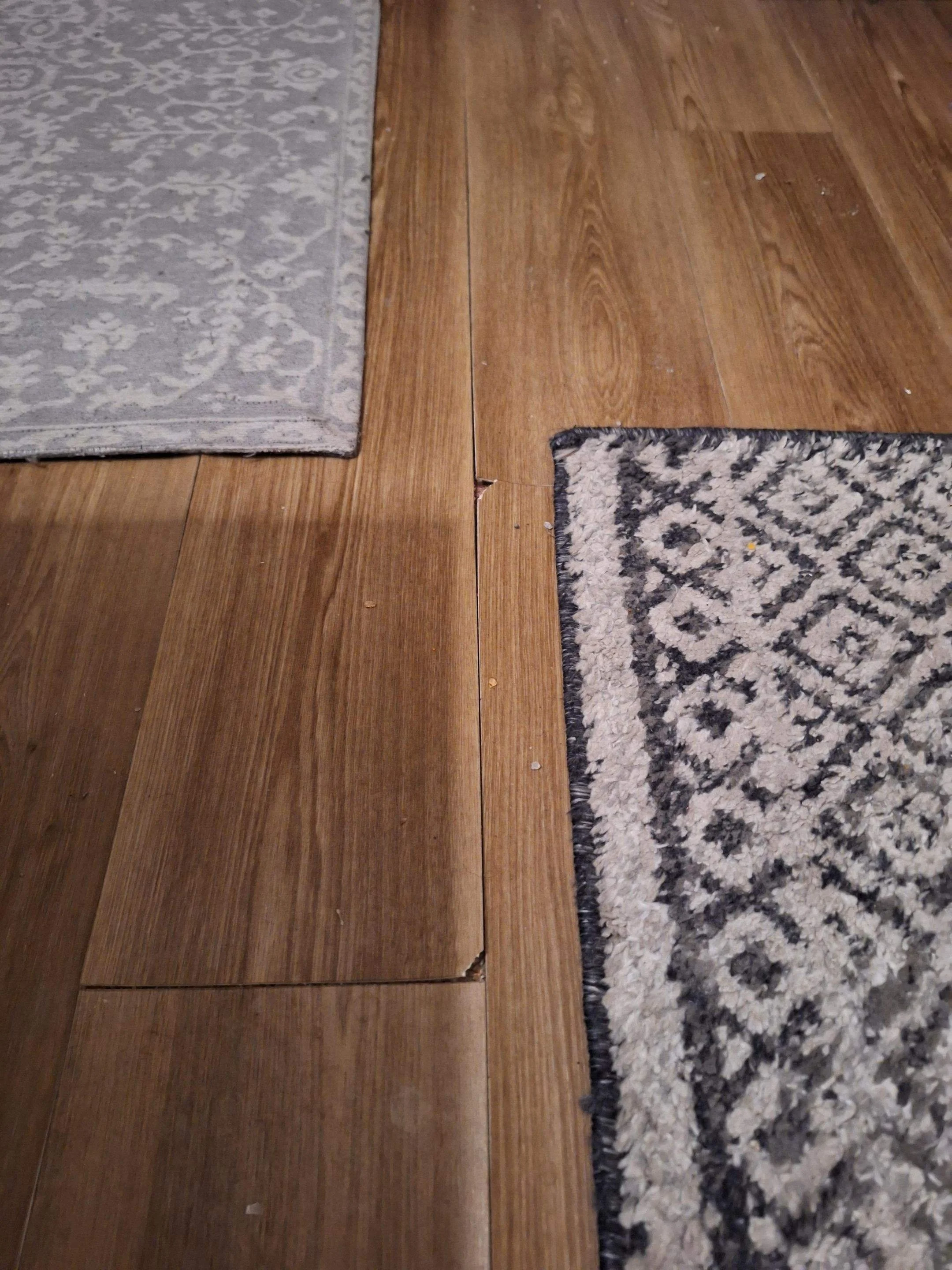 Wood floor with two area rugs, one gray and beige floral pattern, the other black and white geometric pattern, and a gap with a missing piece between the wood planks.
