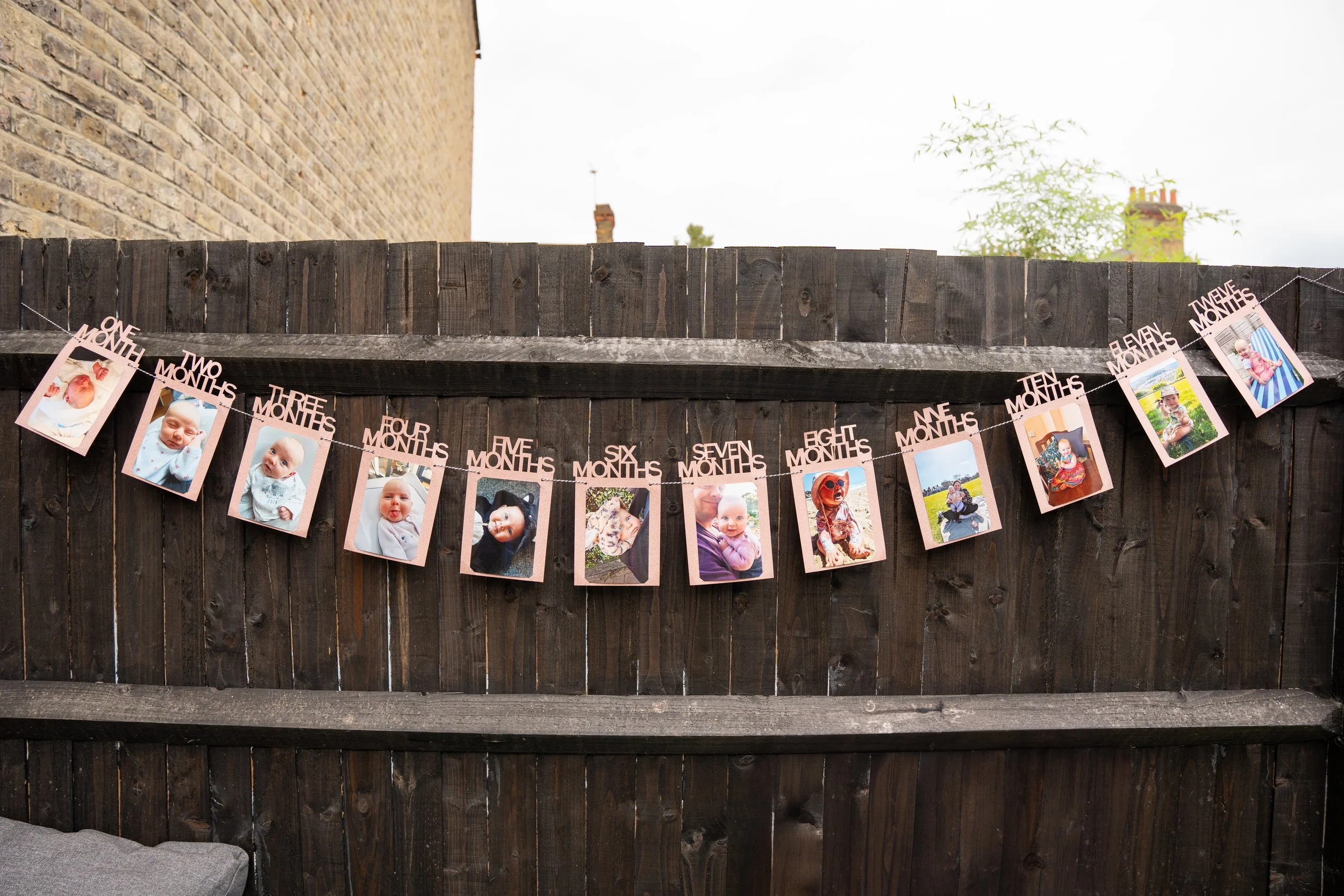 Photo of a dark wooden fence decorated with a string of photographs showing a baby at different ages from newborn to twelve months, with labels indicating the age in months.