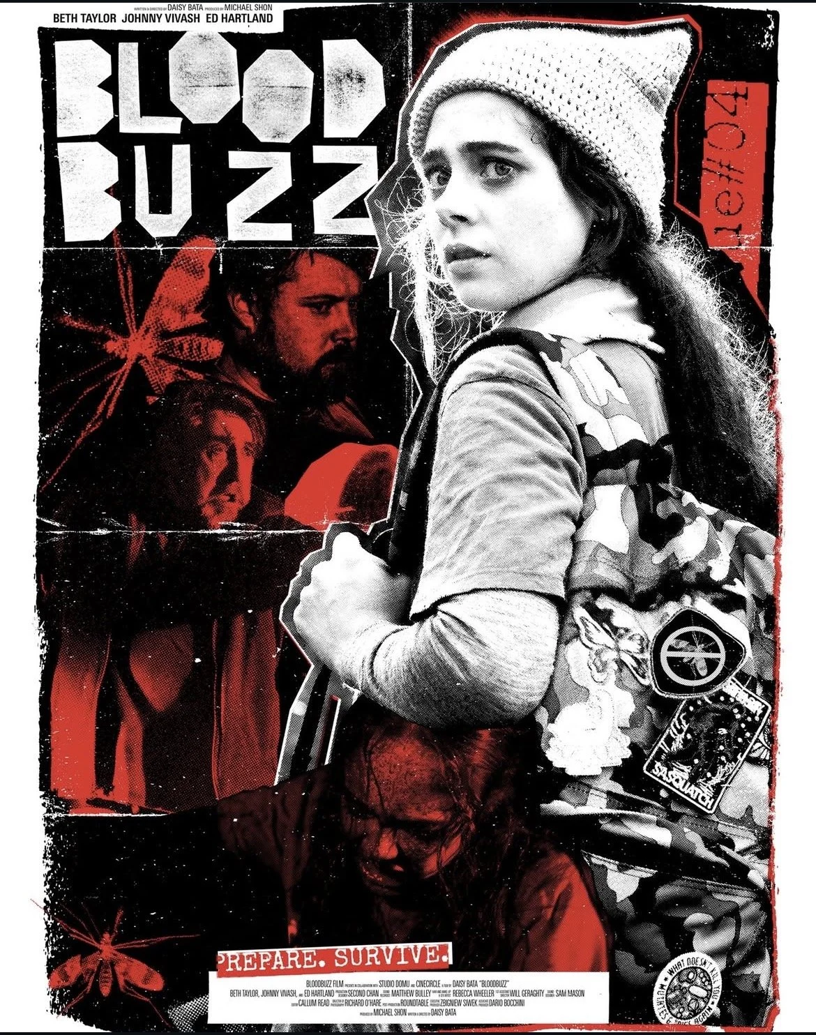A poster for the movie 'Blood Buzz 22' featuring a young woman in a beanie and backpack in the foreground, with images of a man, a woman, and a spider in a red and black background, and text that reads 'Prepare. Survive.'