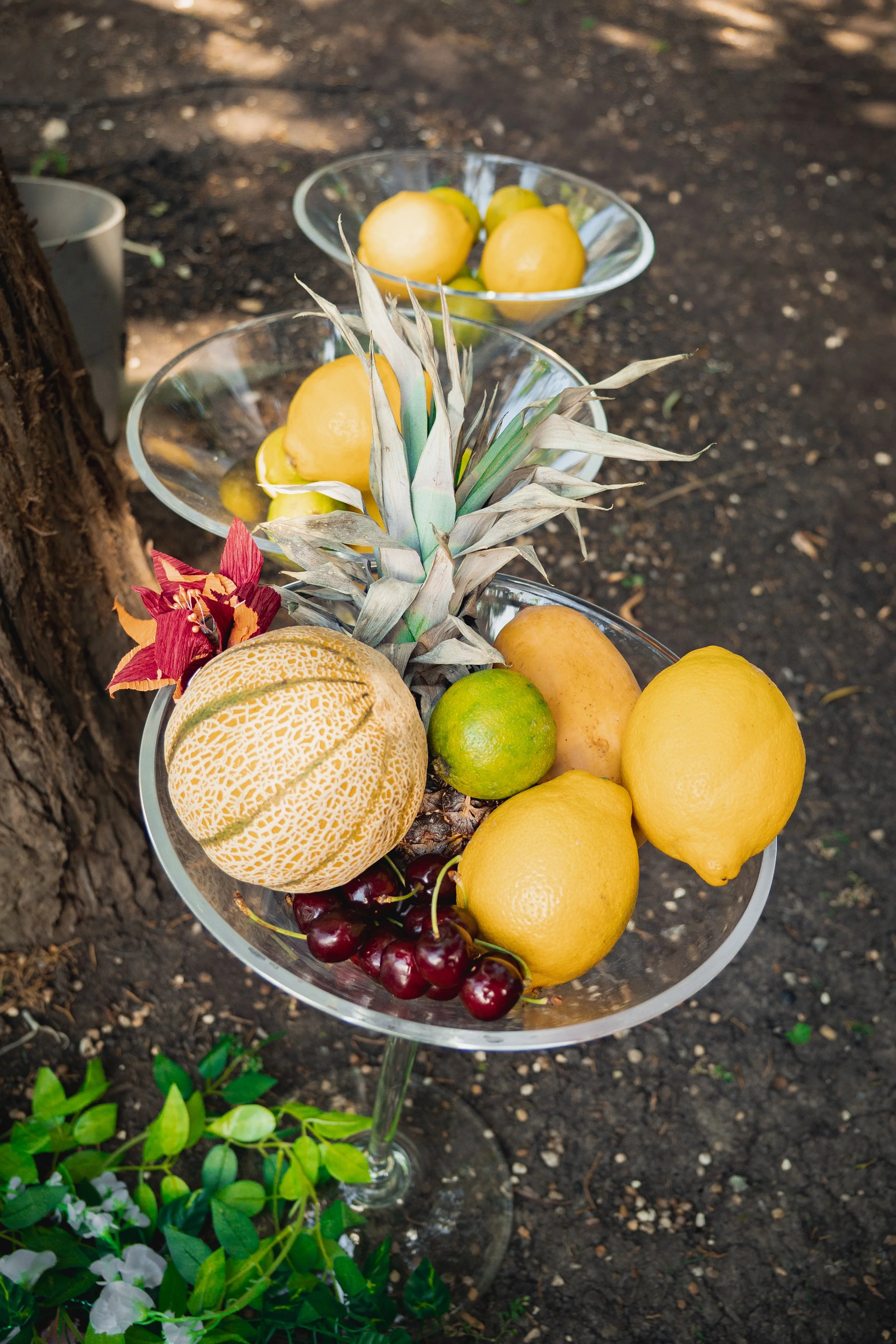 Gourmet fruit display in glass bowls with pineapple, lemons, cherries, lime, and melons outdoors.