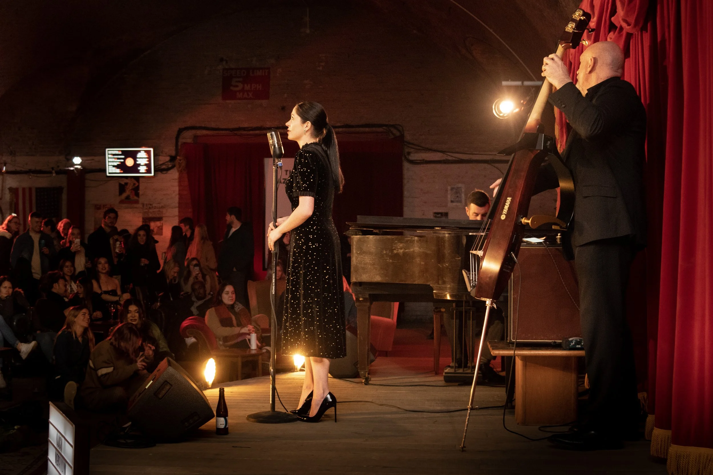 A woman in a black, starry dress performing on stage with a vintage microphone, accompanied by a man playing an upright bass. An audience watches attentively in a dimly lit venue with red curtains and exposed brick walls.