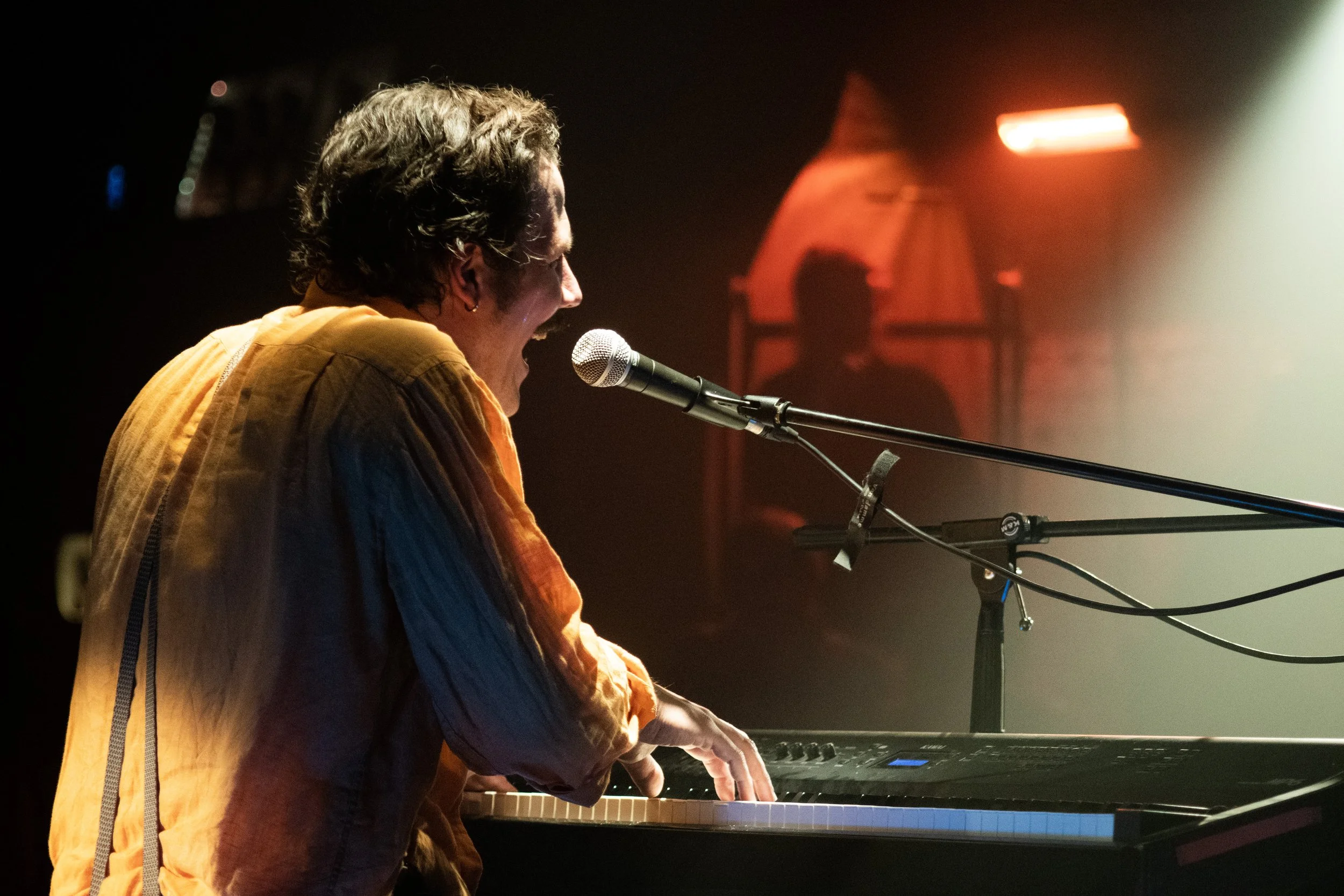 A person playing a keyboard and singing into a microphone on stage, with stage lights and equipment in the background.