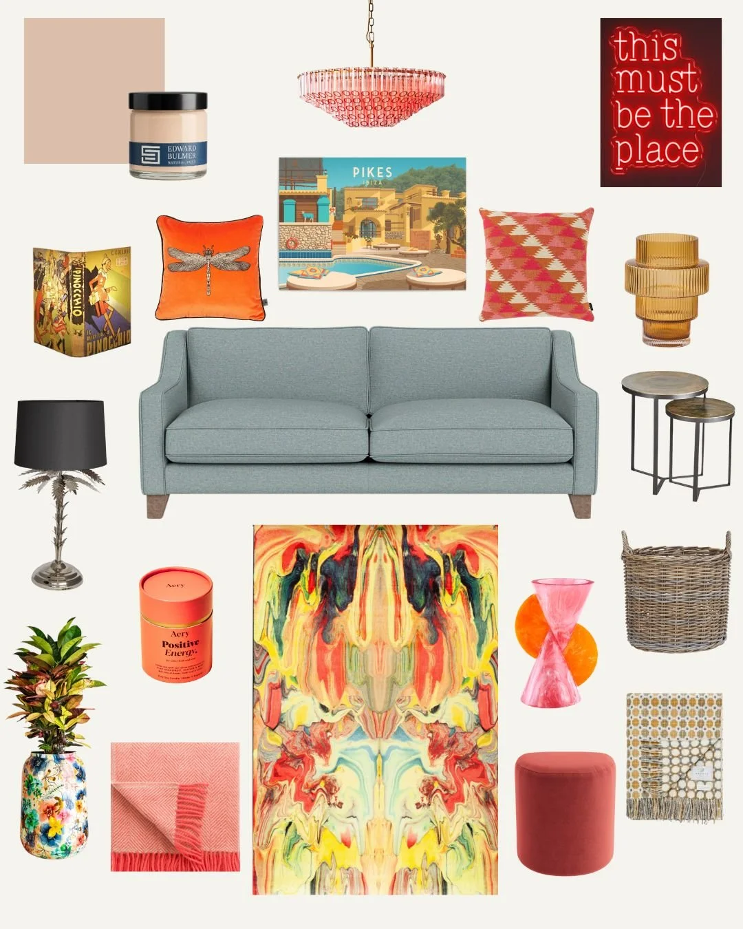 Warm colour pops interior mood board
