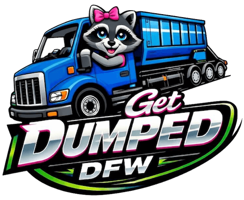 Logo for Get Dumped DFW featuring a cartoon raccoon with a pink bow in front of a blue dump truck.