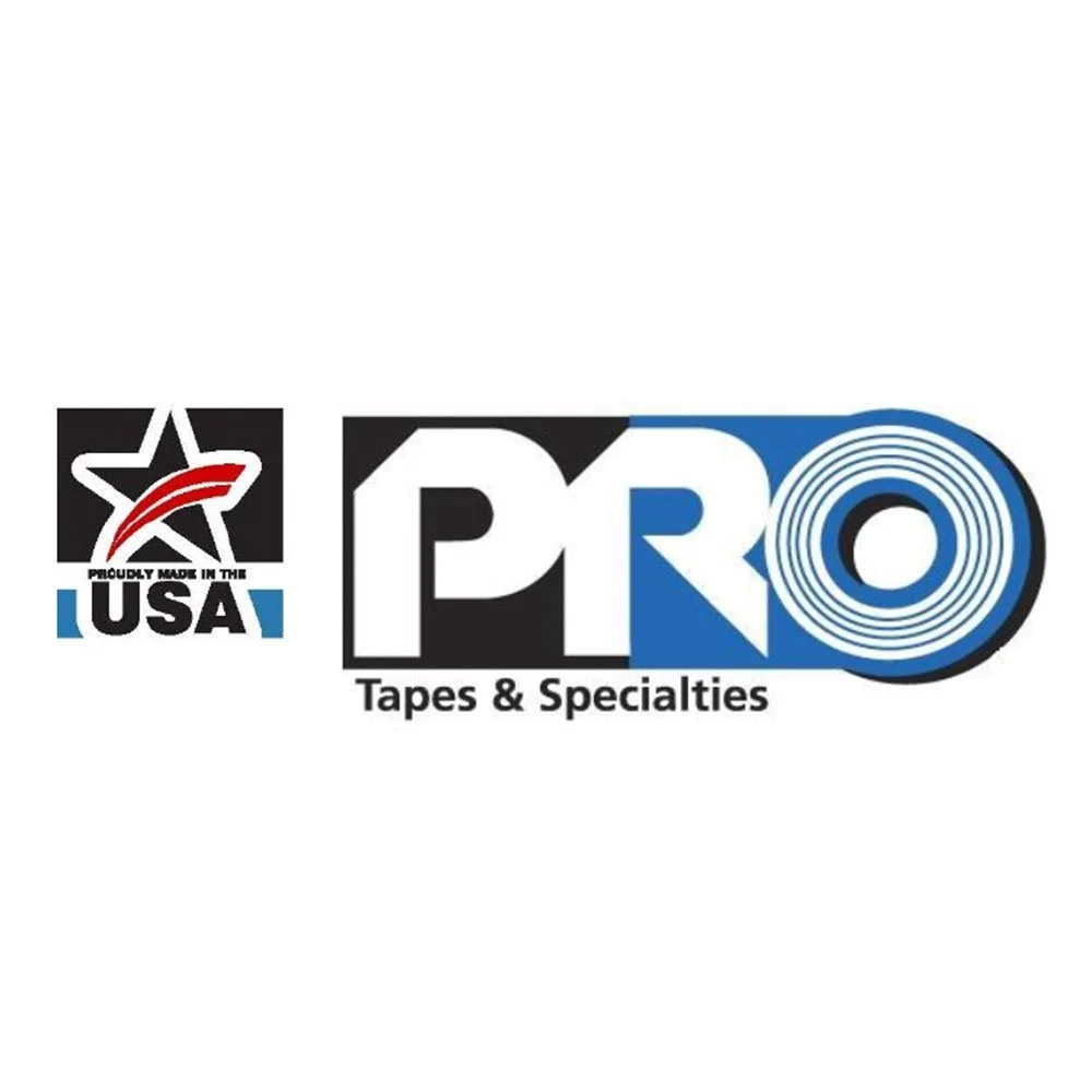 Pro Tapes & Specialties logo with black, white, blue, and red colors, featuring a star and circle design, and the text 'Proudly Made in the USA'.