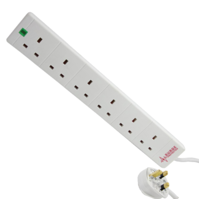AC MAINS POWER EXTENSION CABLE Six outlet. 2 metres. with anti-surge protection