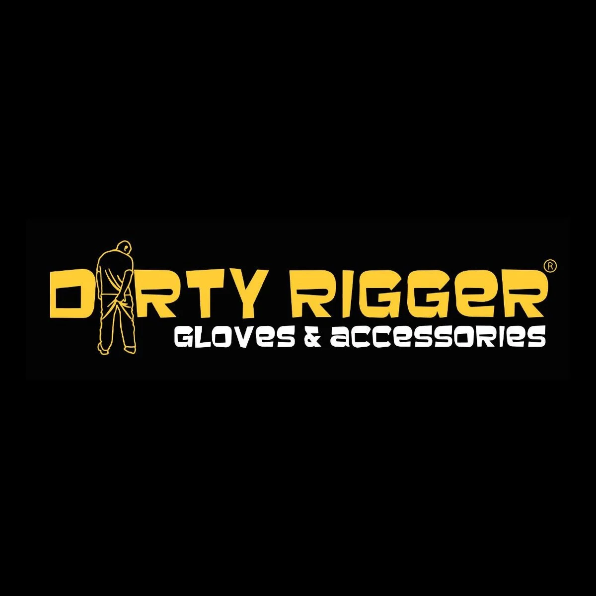 Logo for Dirty Rigger Gloves & Accessories with text in yellow and white on a black background, featuring a simple outline of a person holding the back of their pants.