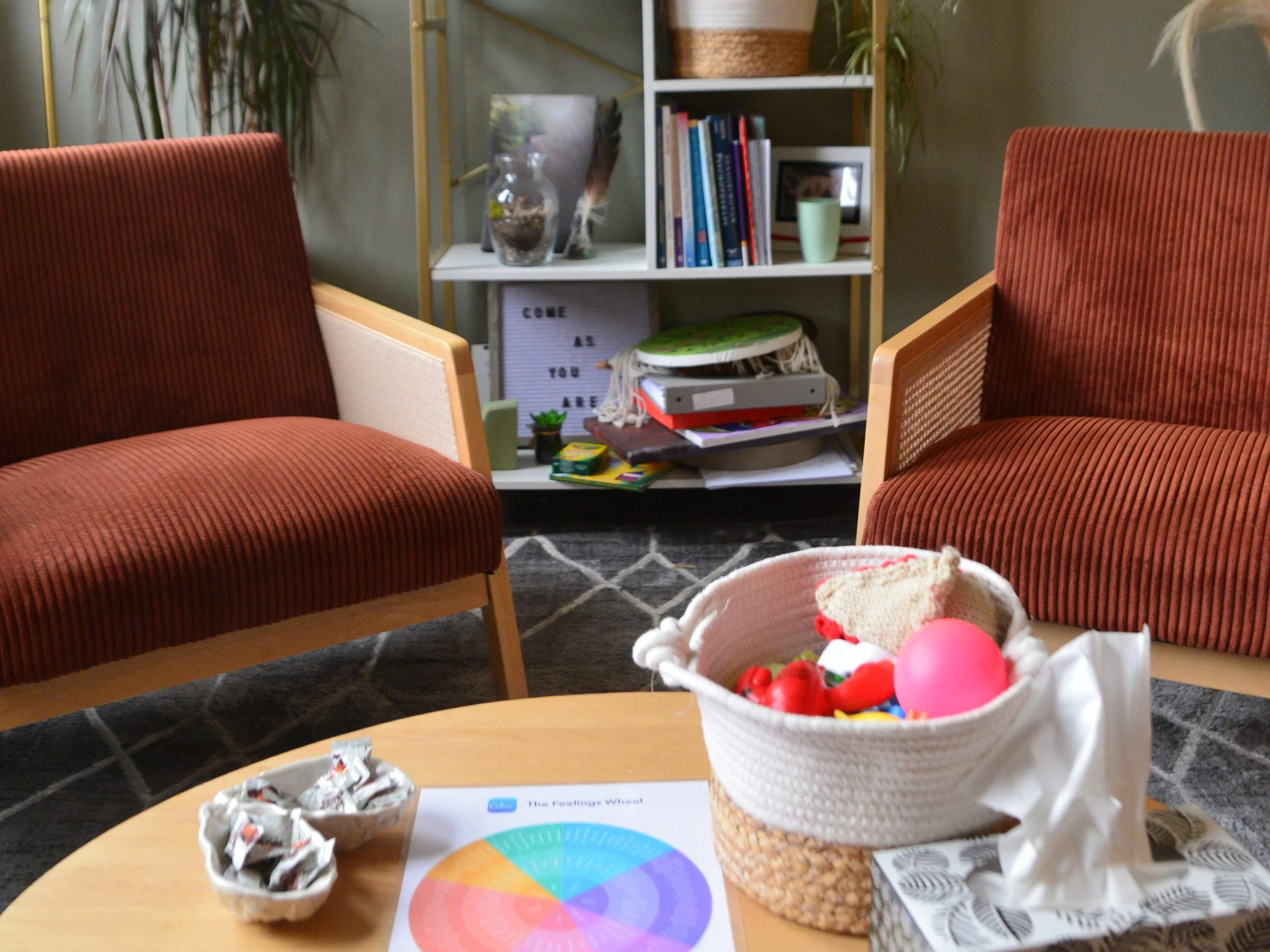 2 chairs in a therapy office with resources on shelf
