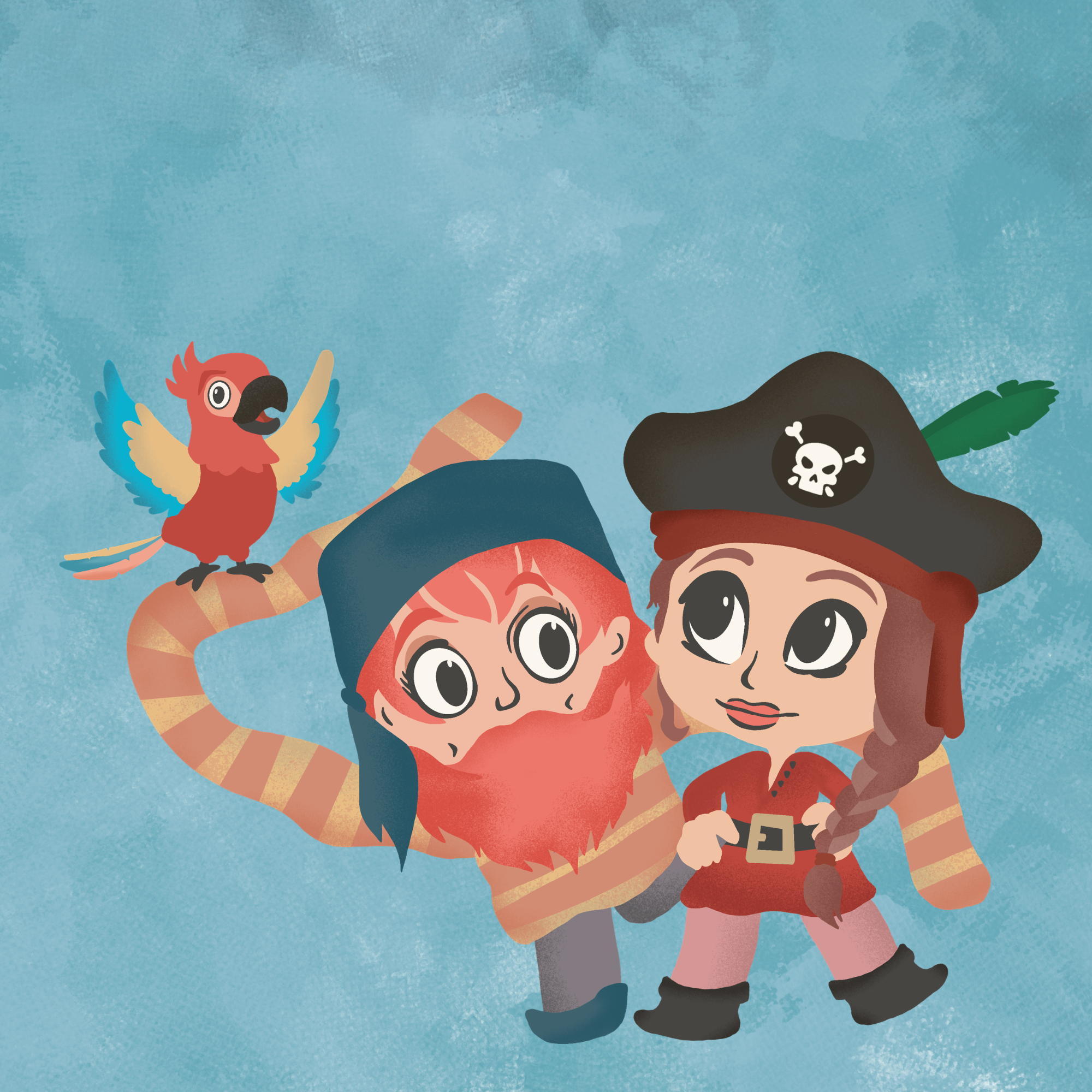 Cartoon pirates with a parrot on a branch against a blue sky.