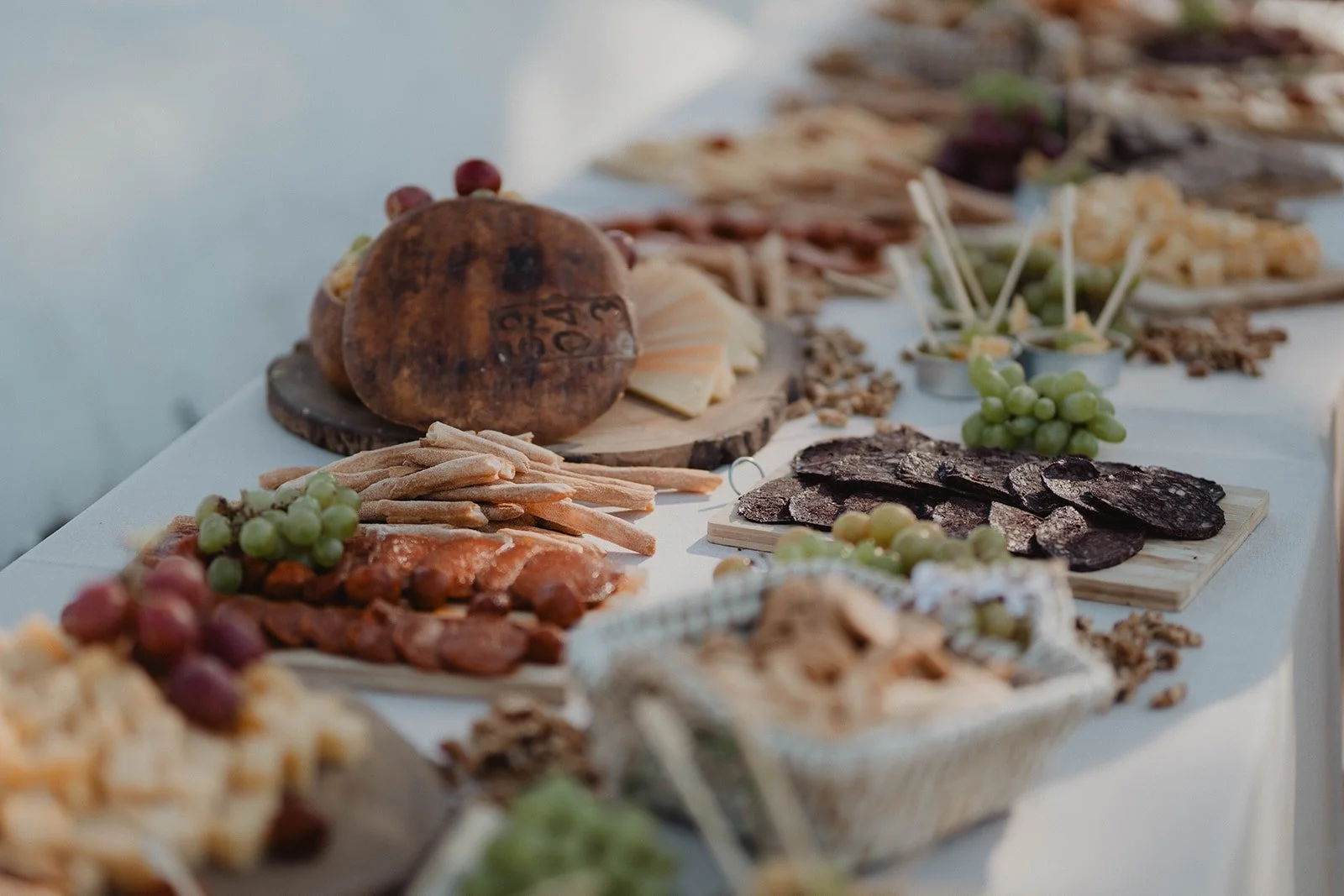 Una mesa con diversos tipos de embutidos, quesos, uvas verdes y negras, y una tabla de carnes secas en diferentes platos y bandejas.