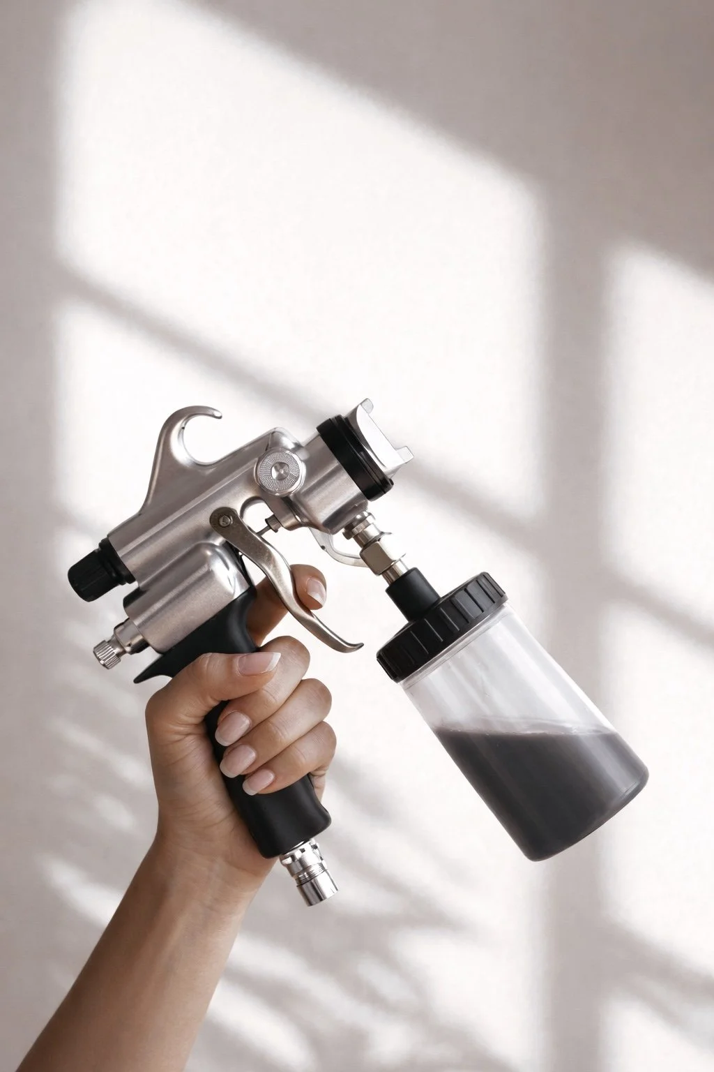 Hand hält einen Spraypistolen-Heliumgenerator, der auf eine Flasche mit schwarzer Tinte gerichtet ist.