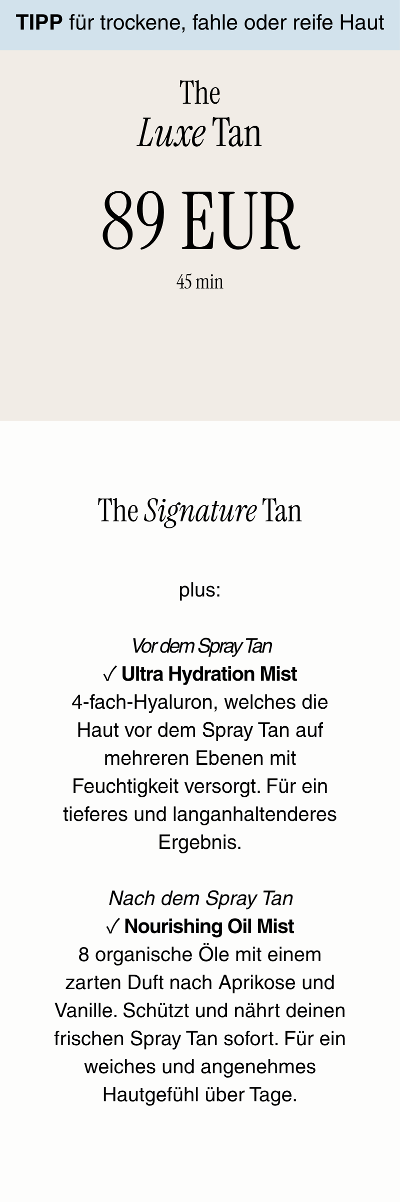 Angebot für Spray Tan. The Luxe Tan. Tipp für trockene, fahle oder reife Haut,  Ultra Hydration Mist, Nourishing Oil Mist.
