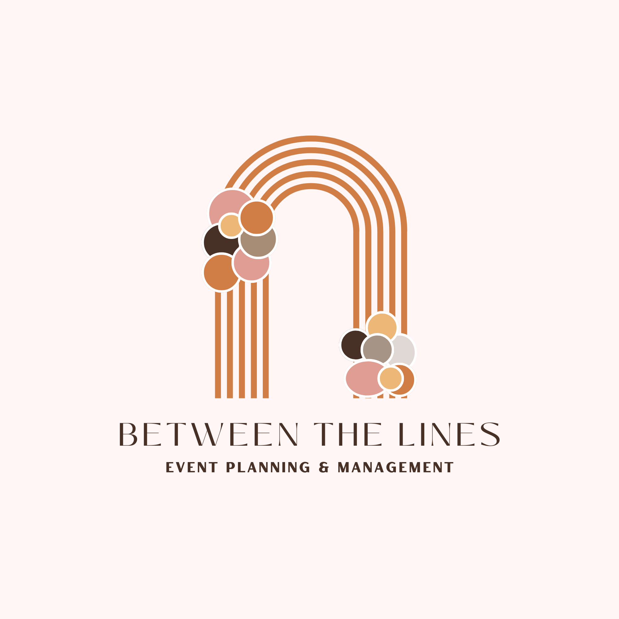 Logo for 'Between the Lines' featuring a rainbow design with overlapping circles in earth tones, with the text 'Between the Lines' and 'Event Planning & Management' underneath.