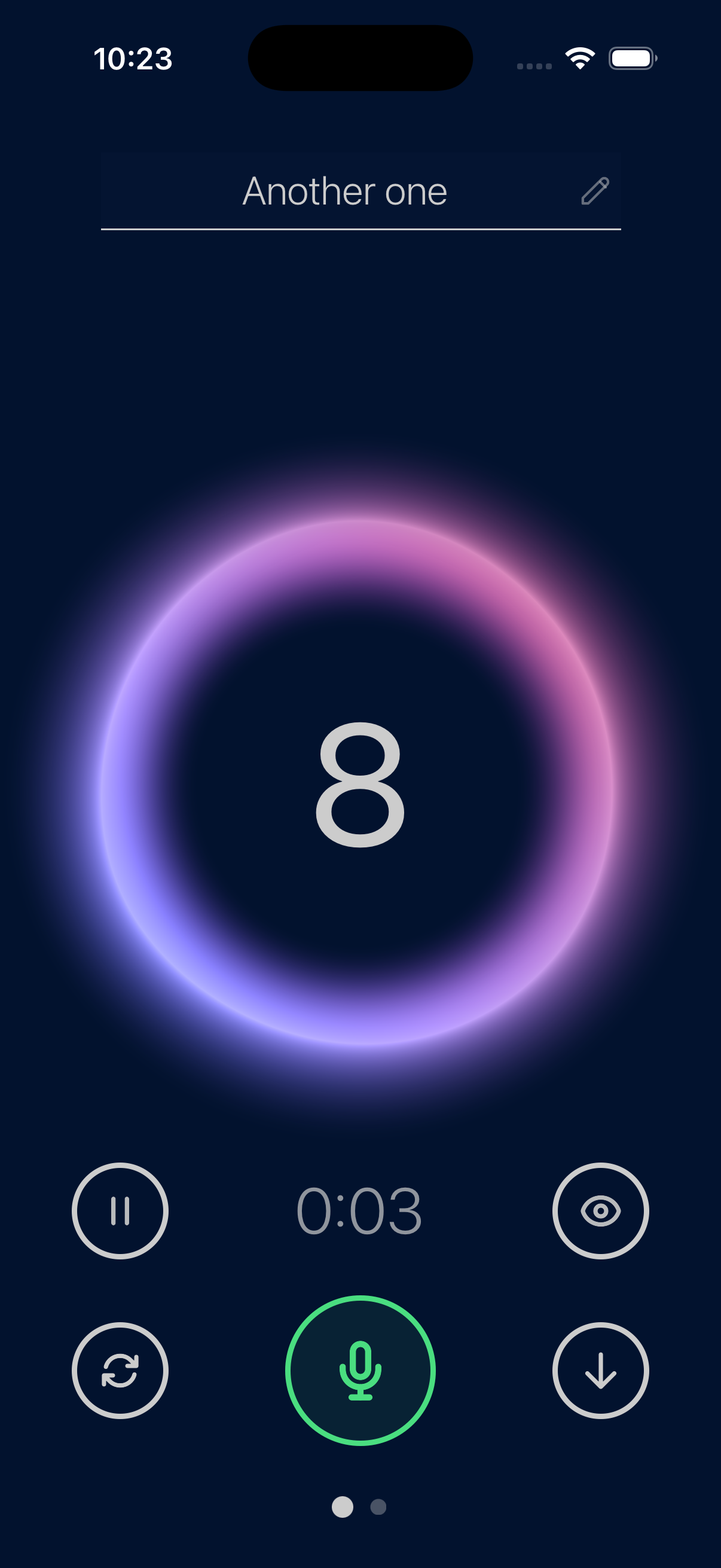 A mobile app interface with a purple glowing circle displaying the number 8 in the center, a timer reading 0:03, and various control icons including pause, voice recording, voice ring status, refresh, and download, on a dark background.