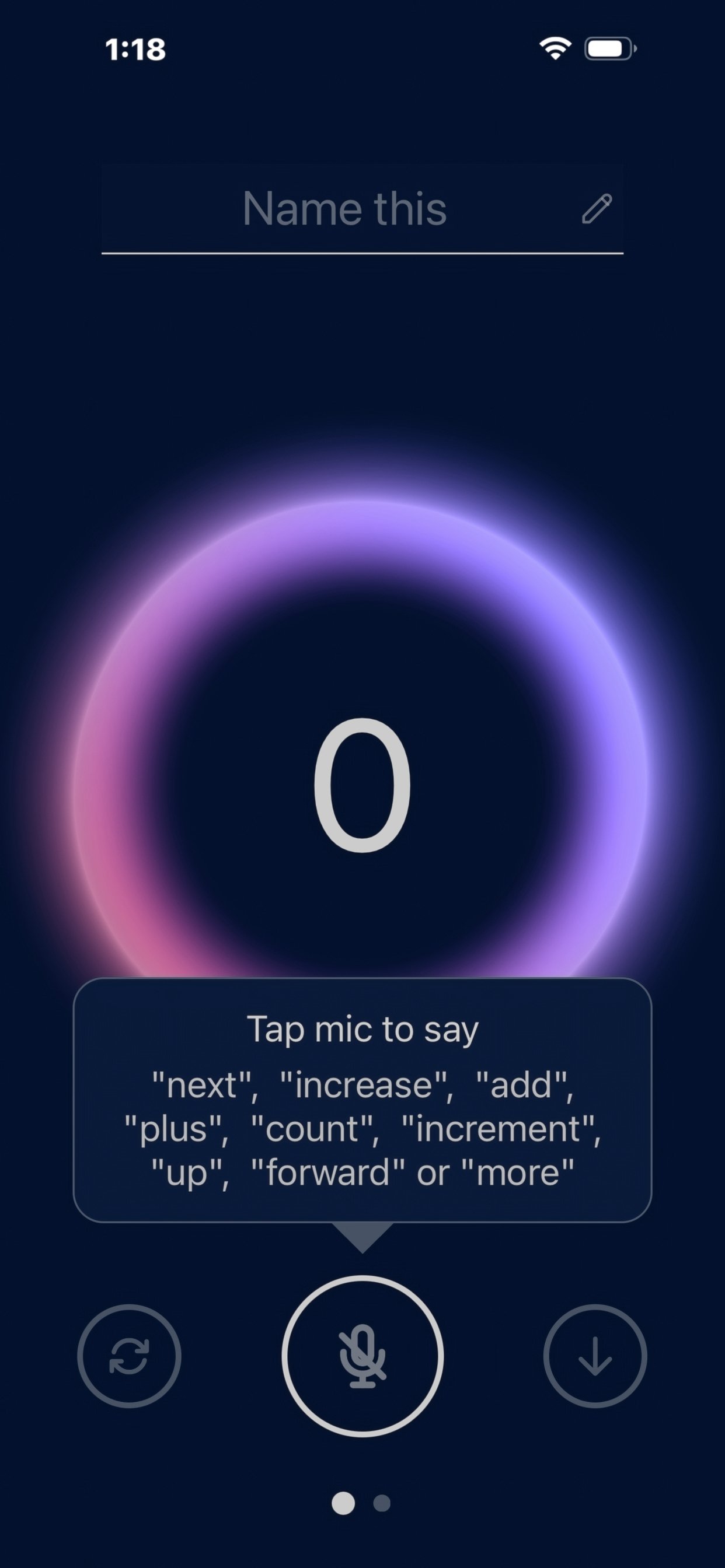 Mobile phone screen displaying a voice assistant app with a large purple and blue circular logo, a microphone icon, and a prompt to tap the mic to say commands related to increasing or counting.