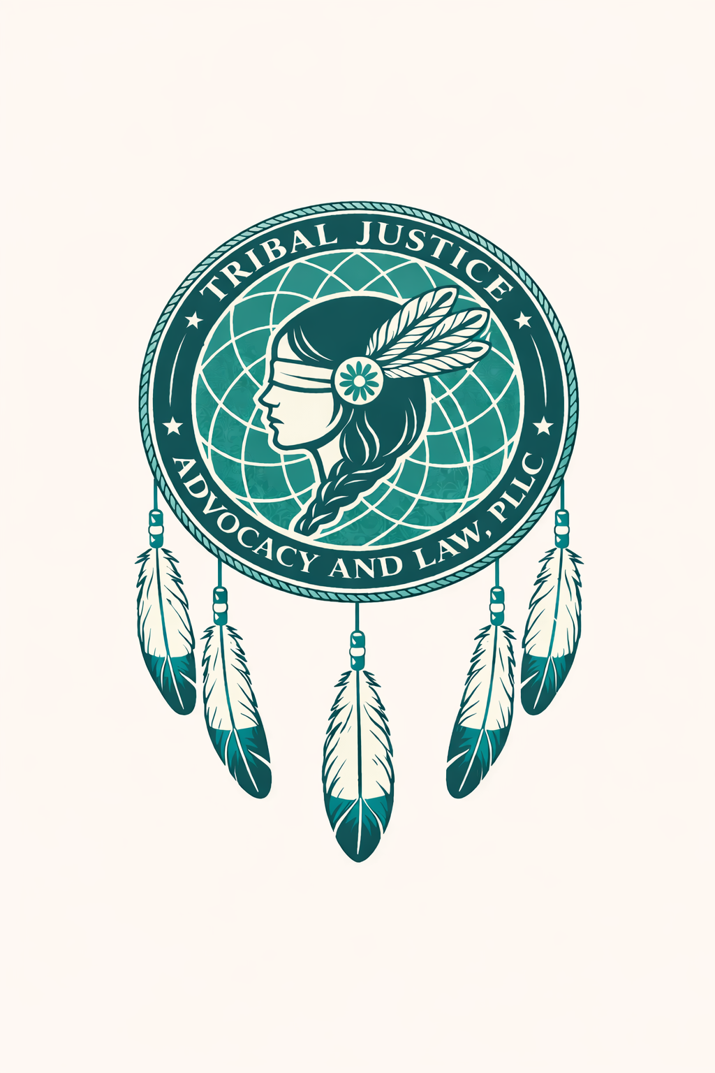 A badge featuring a Native American woman in profile with feathers in her hair, surrounded by a circle with the words 'Tribal Justice Advocacy and Law PLLC' and hanging feathers.