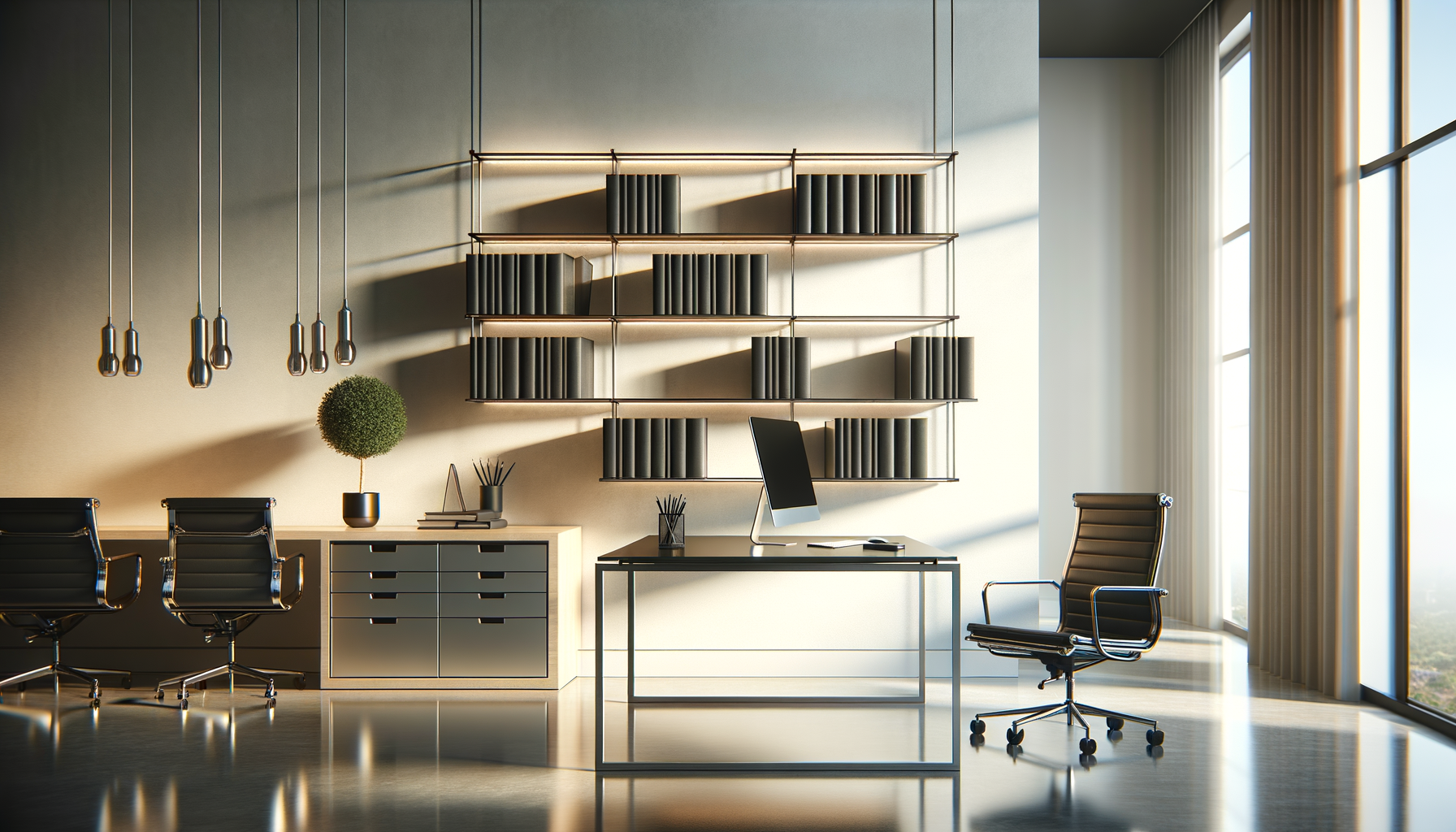 Modern office with black desk, computer, three black chairs, large windows with curtains, and wall shelves with black books, illuminated by pendant lights.