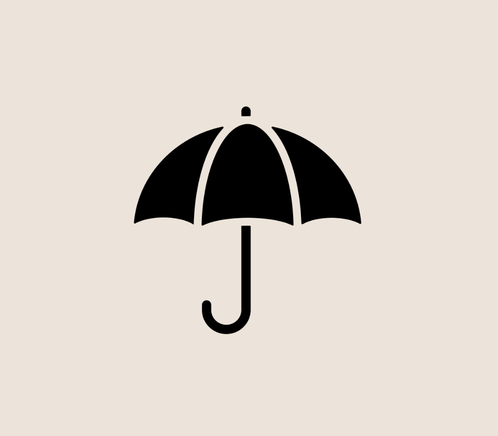 Black umbrella icon with a J-shaped handle on a beige background.