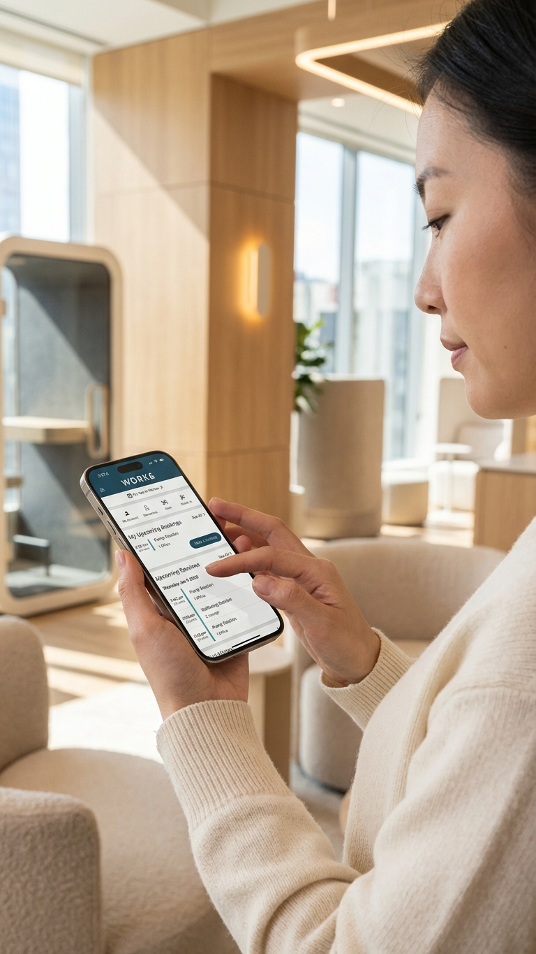 A woman looking at her phone in a modern indoor space, with light wood paneling, large windows, and beige furniture.