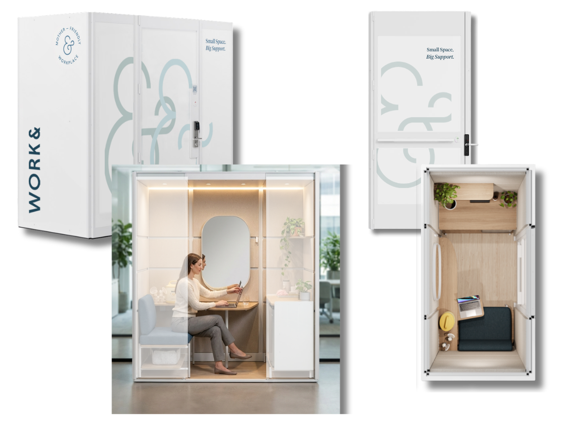 A small, modern office pod with a woman working on a laptop inside, surrounded by plants and decor. The pod is enclosed in a white structure with shelves, a large mirror, and seating. It is positioned inside a larger workspace with promotional signs on the walls that read 'Small Space. Big Support.' and 'Mother-Friendly & Workplace'.