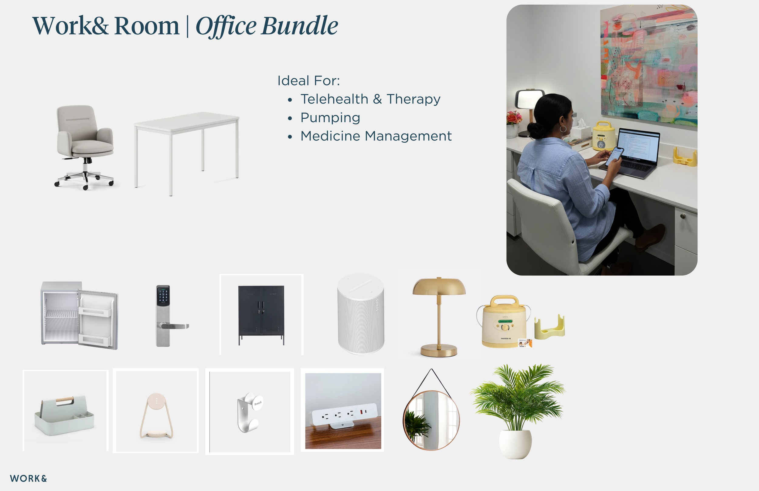 A catalog page titled 'Work&Room | Office Bundle' displaying various office furniture and accessories, including a chair, table, mini fridge, keypad lock, cabinet, air purifier, desk lamp, medical device, storage basket, small fan, wall outlet, mirror, and potted plant; with a photo of a woman working at a desk on a computer in a white office space.