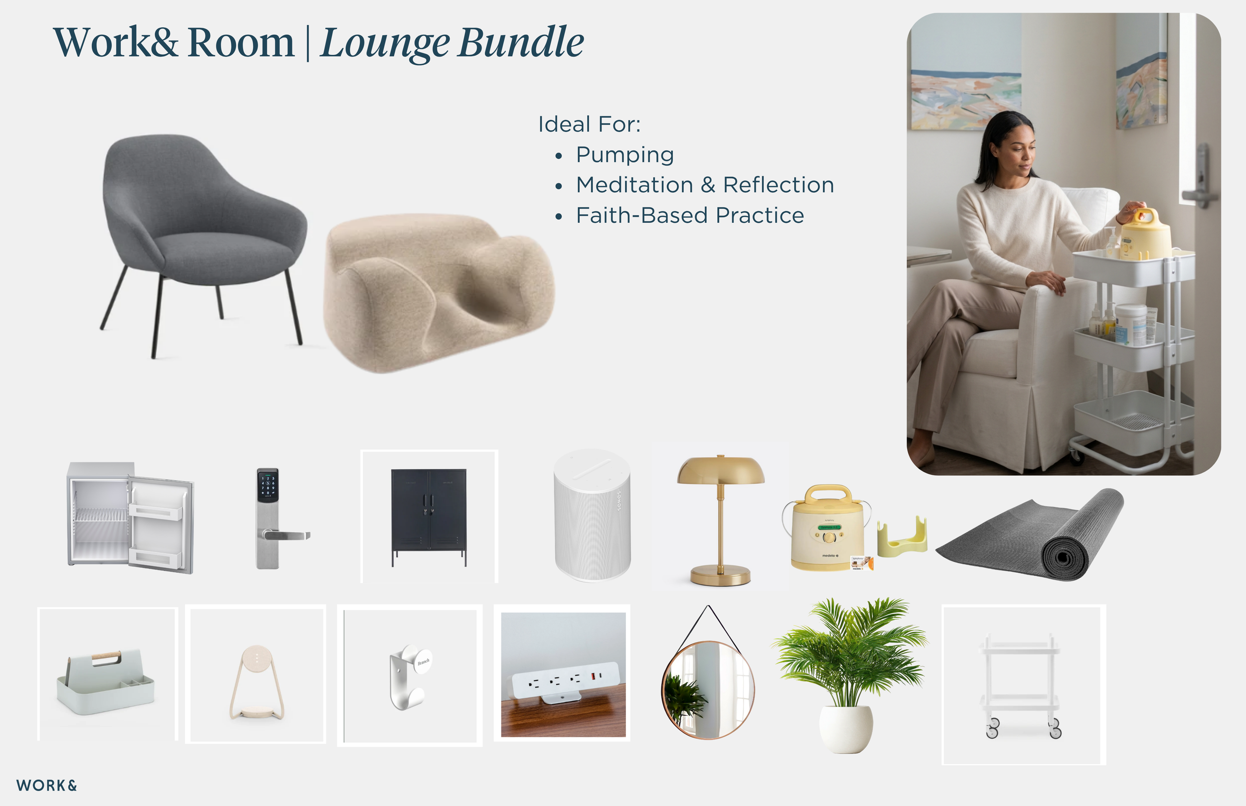 Image of a lounge bundle for a work and relaxation room, including chairs, a small sofa, a cart with medical supplies, furniture like a cabinet, small white appliance, table lamp, medical equipment, yoga mat, storage basket, baby chair, outlet strip, plant, and a laundry cart. A woman seated on a white couch is shown tending to medical supplies on a cart in a cozy setting.