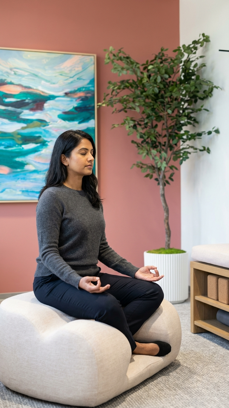 A woman with dark hair practicing meditation in a modern, cozy room. She is sitting cross-legged on a beige cushion with her eyes closed and hands resting on her knees in a meditative pose. The room features a pink wall with an abstract painting, a tall green plant in a white pot, and wooden furniture.