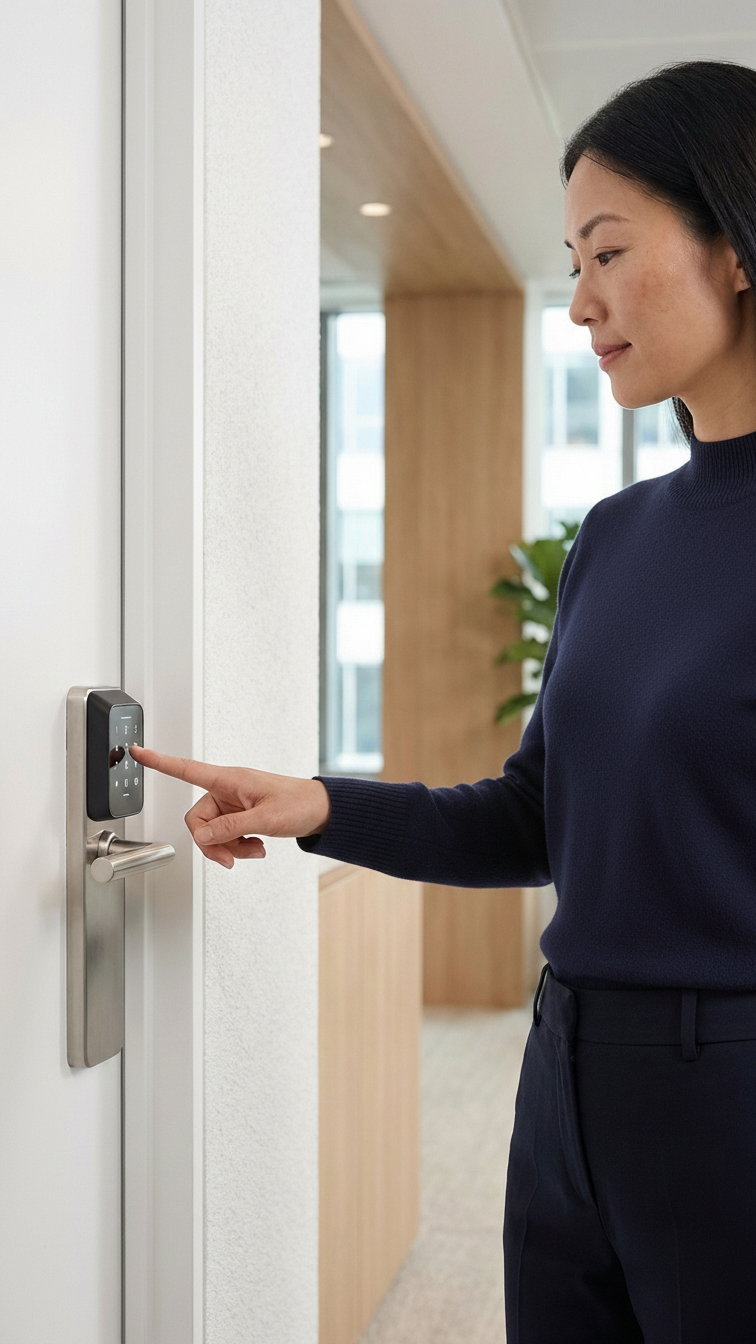 A woman in a dark blue sweater presses a button on a door lock with an electronic keypad.