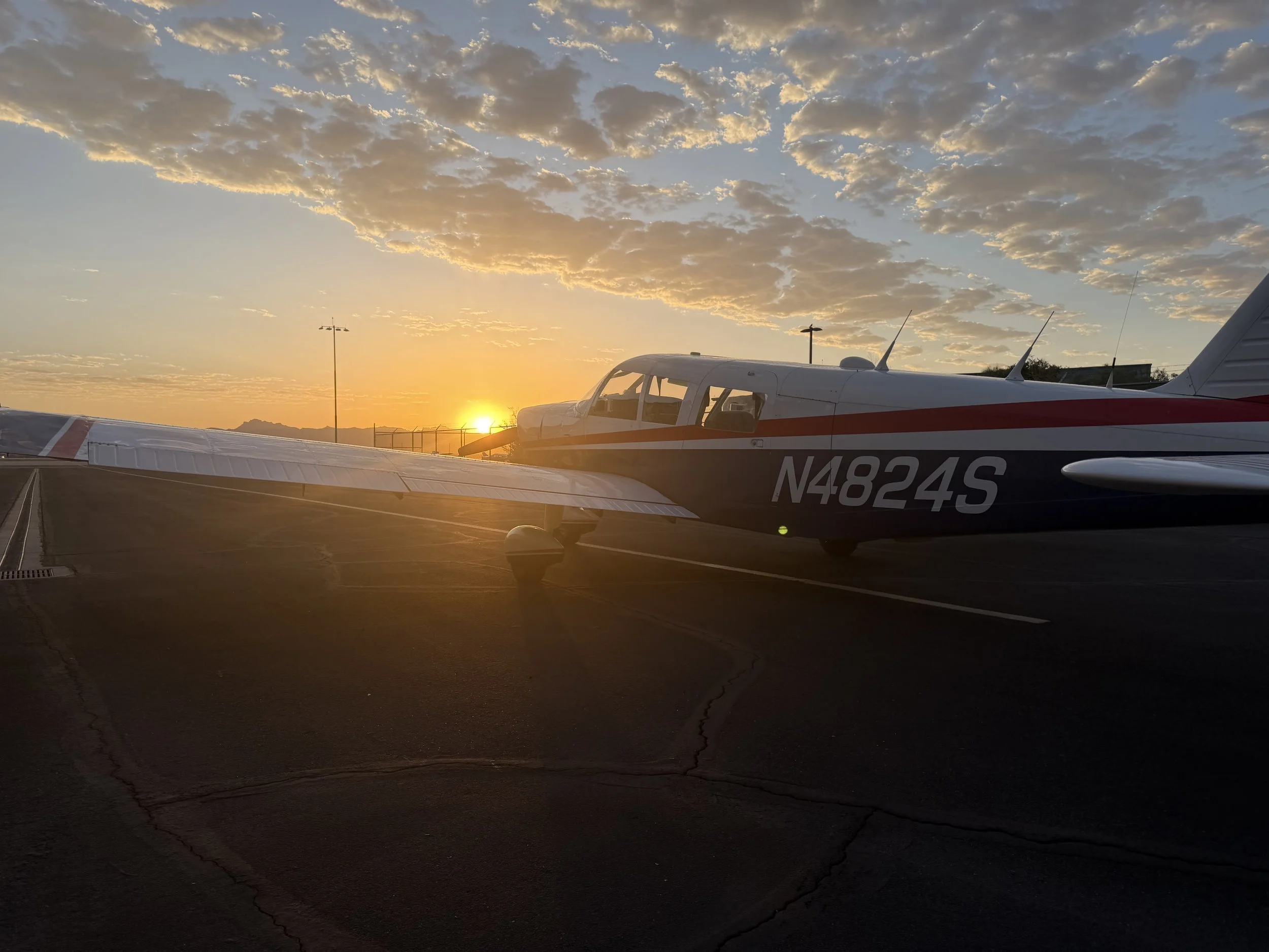 Piper PA-32-260 Cherokee Six at sunrise on the ramp at Mesa Gateway Airport (KIWA)