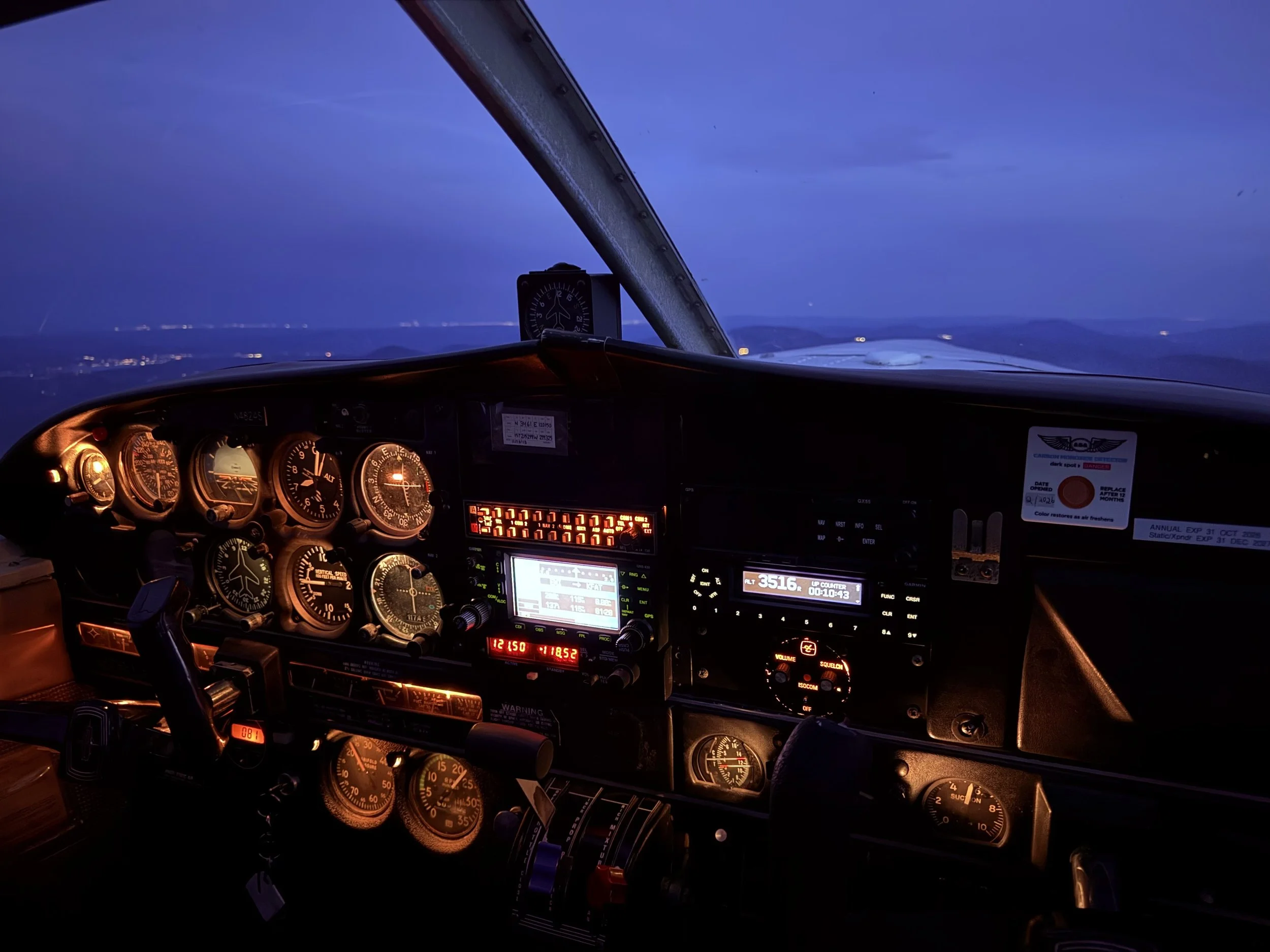 IFR-equipped cockpit of N4824S with Garmin GNS 430W during night flight over Arizona