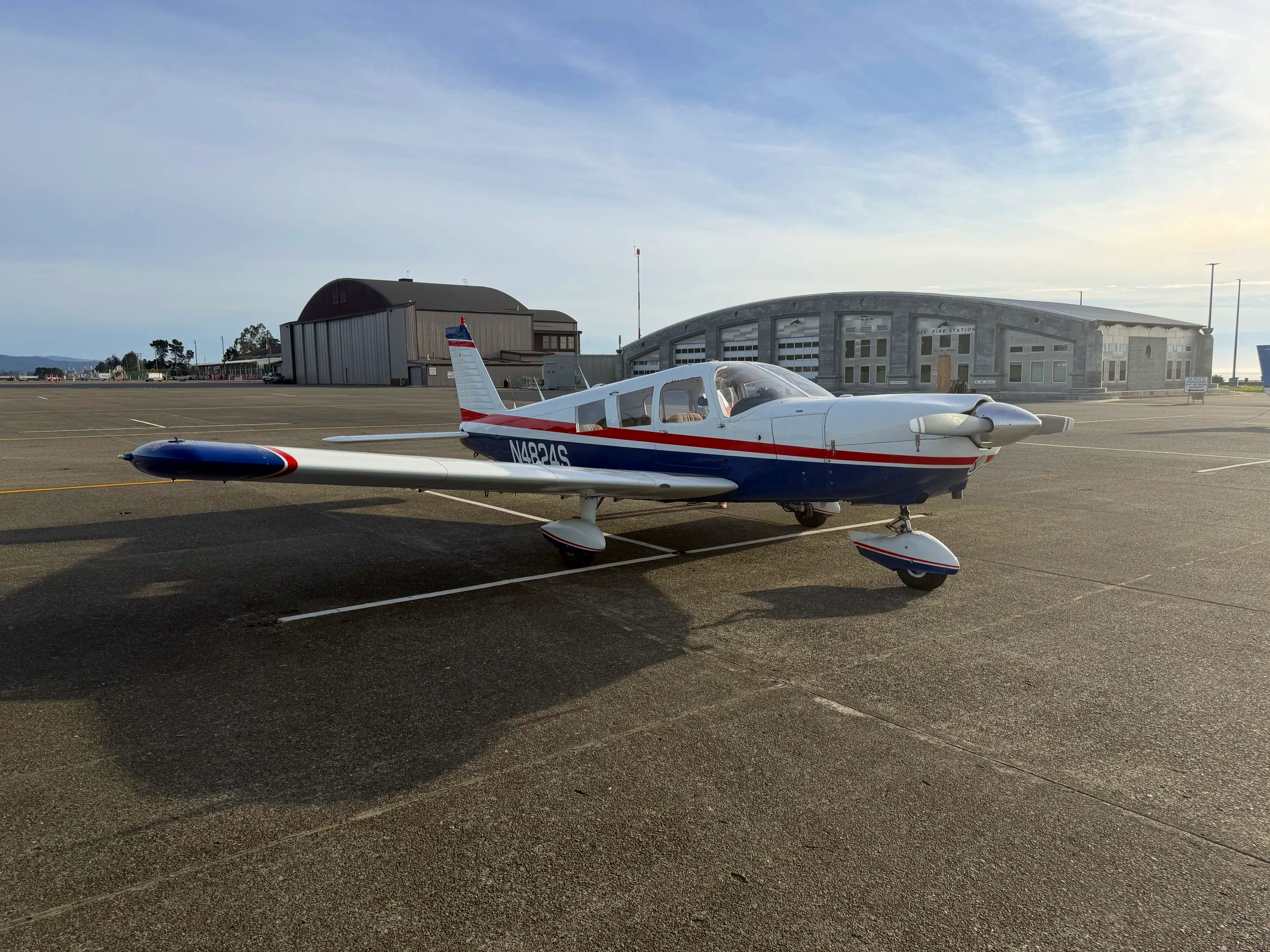 Piper Cherokee Six N4824S parked on the ramp, used for high performance endorsement training at Mesa Gateway Airport (KIWA)